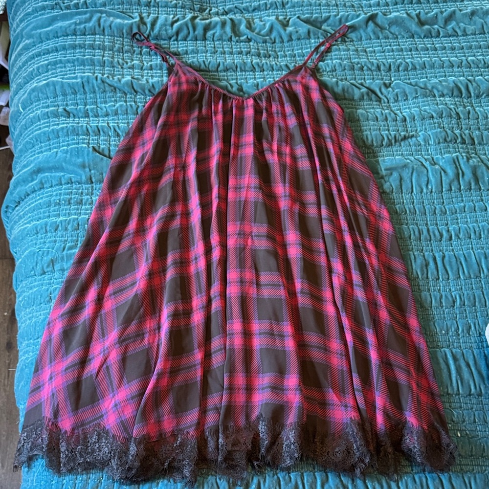 Express Pink and Black Checkered Chemise with Lace